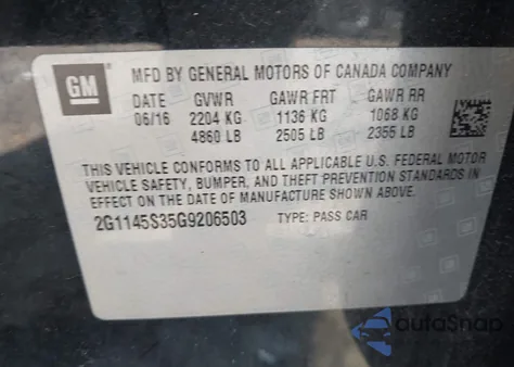 2016 Chevrolet Impala Ltz из США, поврежденный, VIN 2G1145S35G9206503